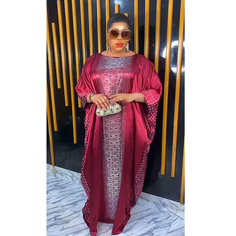 Cross-border supply large size adjustable belt dress women's African hot diamond silk satin bat sleeve robe