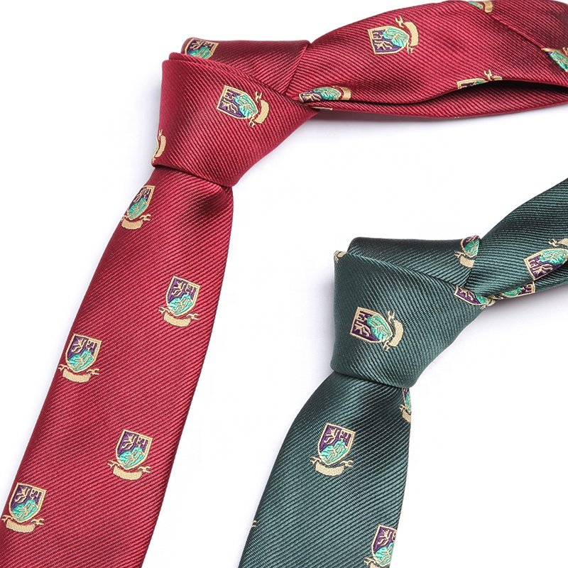 Famous Brand Name Company School Custom Logo Neck Tie Rib Solid Red Green Back Ground With All Over Logo