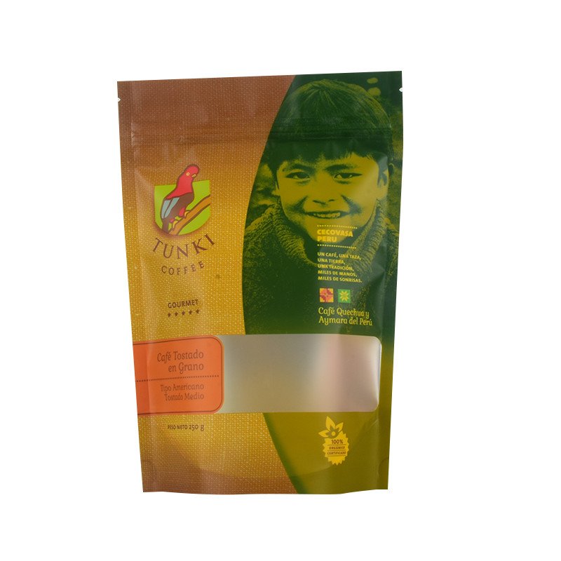 Customize 2Lb 90Micron Brown Kraft Paper/AL/PE Soft Touch Chip Zipper Coffee Stand Up Pouch Packaging Bag With Clear Window
