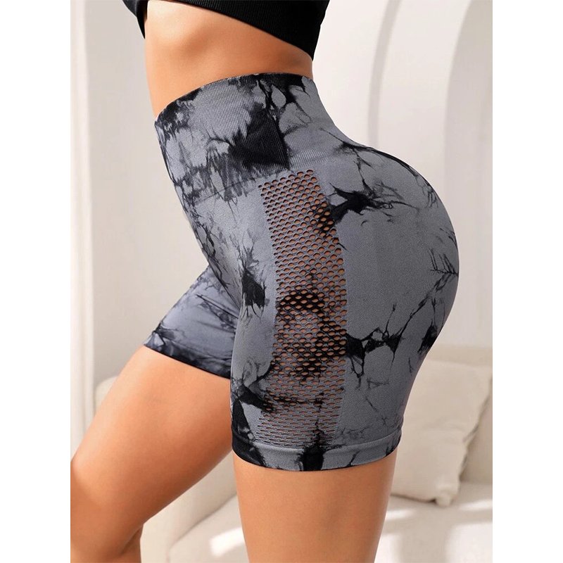 High quality sports fitness tie dye hollow out high waist scrunch butt shorts tight quick drying yoga shorts for women