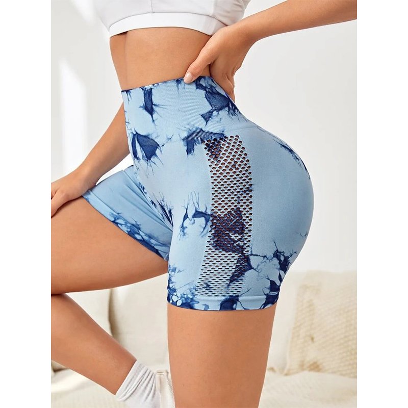 High quality sports fitness tie dye hollow out high waist scrunch butt shorts tight quick drying yoga shorts for women