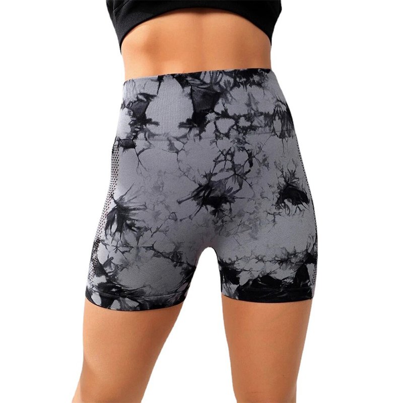 High quality sports fitness tie dye hollow out high waist scrunch butt shorts tight quick drying yoga shorts for women