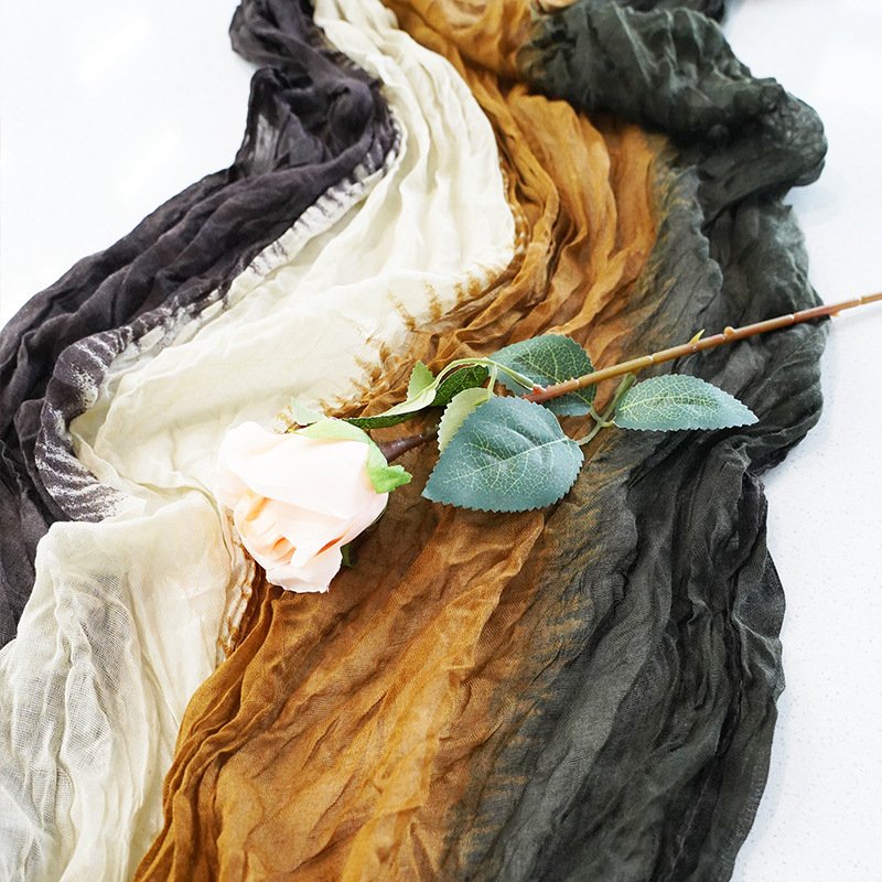 Custom Size 6ft 10ft 13ft Vintage Boho Rustic Tie-dye Wrinkle Gauze Table Runner for Wedding Bridal Shower Party
