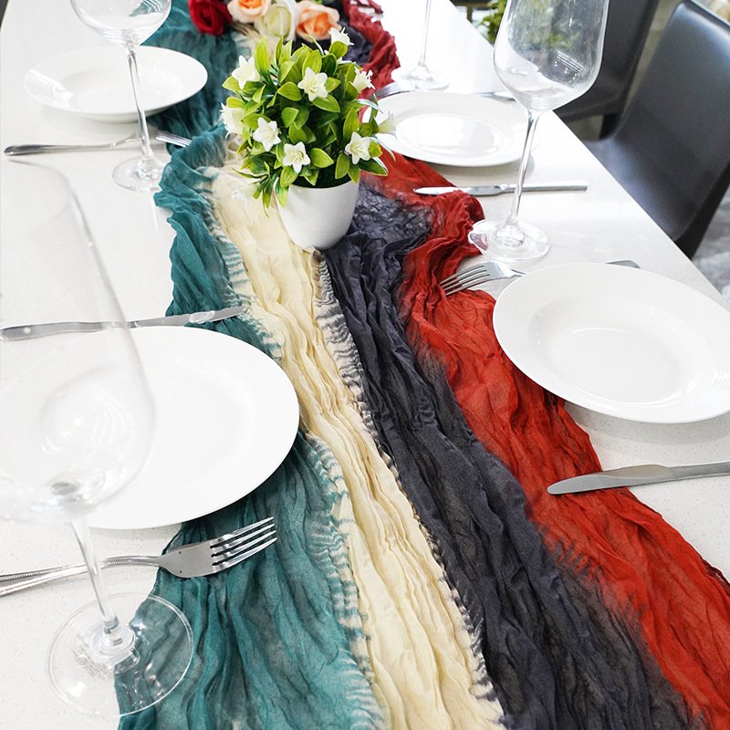 Custom Size 6ft 10ft 13ft Vintage Boho Rustic Tie-dye Wrinkle Gauze Table Runner for Wedding Bridal Shower Party