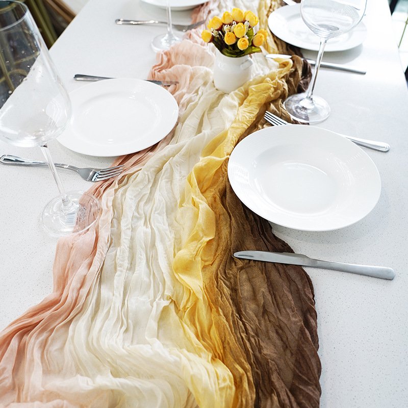 Custom Size 6ft 10ft 13ft Vintage Boho Rustic Tie-dye Wrinkle Gauze Table Runner for Wedding Bridal Shower Party
