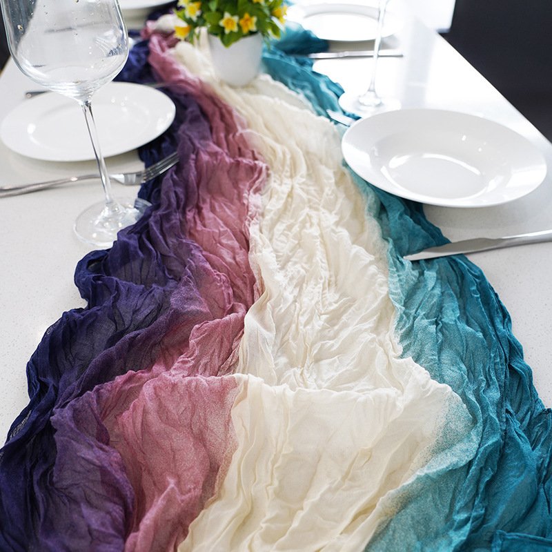 Custom Size 6ft 10ft 13ft Vintage Boho Rustic Tie-dye Wrinkle Gauze Table Runner for Wedding Bridal Shower Party