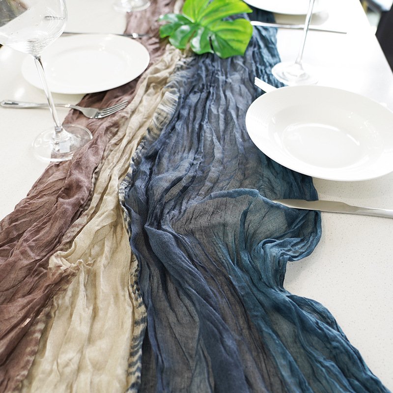 Custom Size 6ft 10ft 13ft Vintage Boho Rustic Tie-dye Wrinkle Gauze Table Runner for Wedding Bridal Shower Party