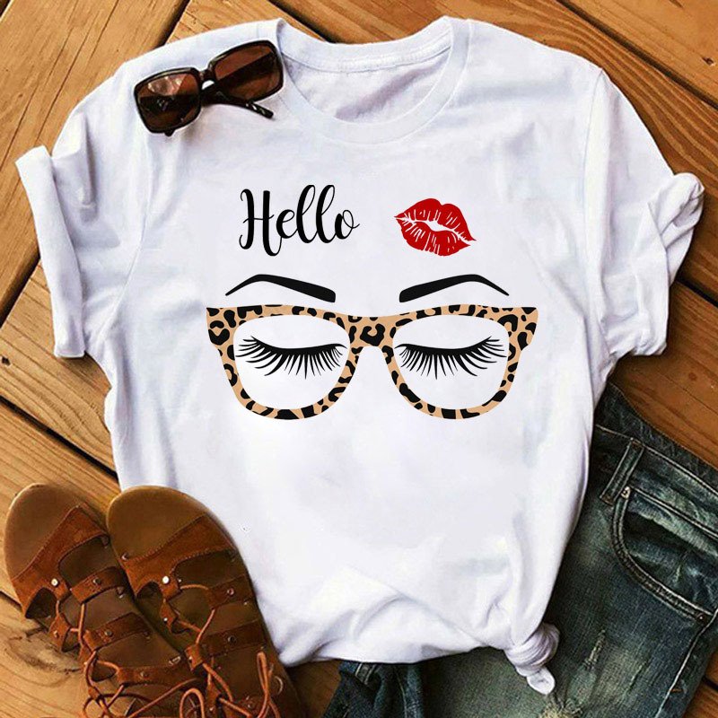 Wholesale Letter Print Funny T-shirt Cartoon eye Lashes Style Lovely Sweet Print Tees Lady Top Women Cheap Plus Size T Shirts