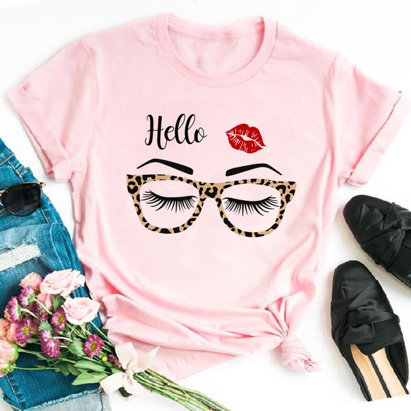Wholesale Letter Print Funny T-shirt Cartoon eye Lashes Style Lovely Sweet Print Tees Lady Top Women Cheap Plus Size T Shirts