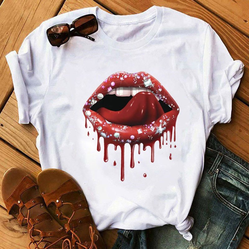 Wholesale Letter Print Funny T-shirt Cartoon eye Lashes Style Lovely Sweet Print Tees Lady Top Women Cheap Plus Size T Shirts