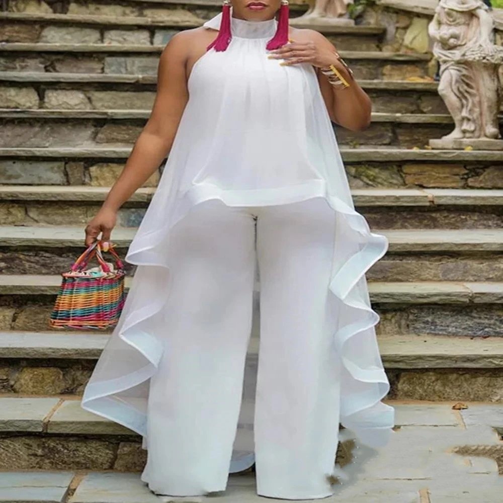 Women Summer White Pant Sets Backless Long Chiffon Blouse Wide Leg Trousers 2 Piece Outfits Elegant Party Vacation Beach Ladies