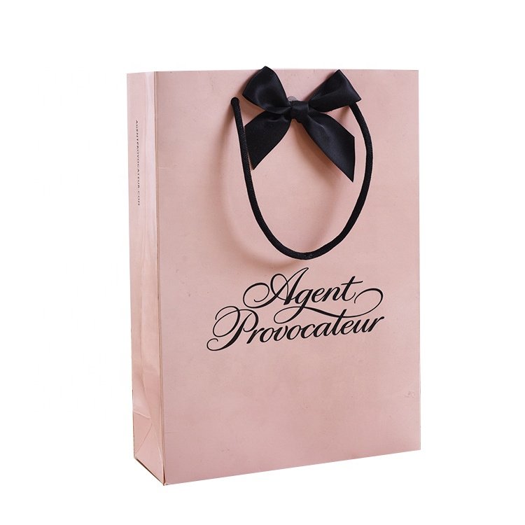 New design wholesale low cost recycled pink paper bag with ribbon tie