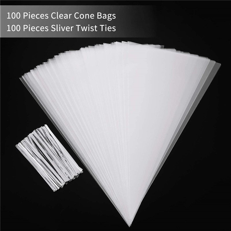 Wholesale Plastic Transparent Cone Treat Bags Clear Cello Sweet Bags with Twist Ties