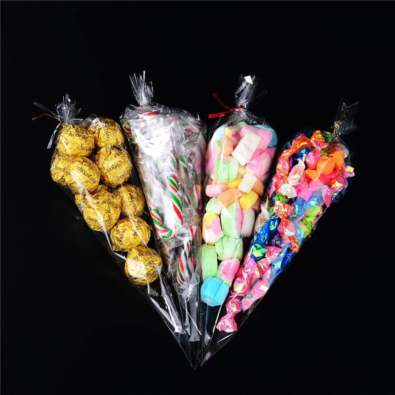 Wholesale Plastic Transparent Cone Treat Bags Clear Cello Sweet Bags with Twist Ties