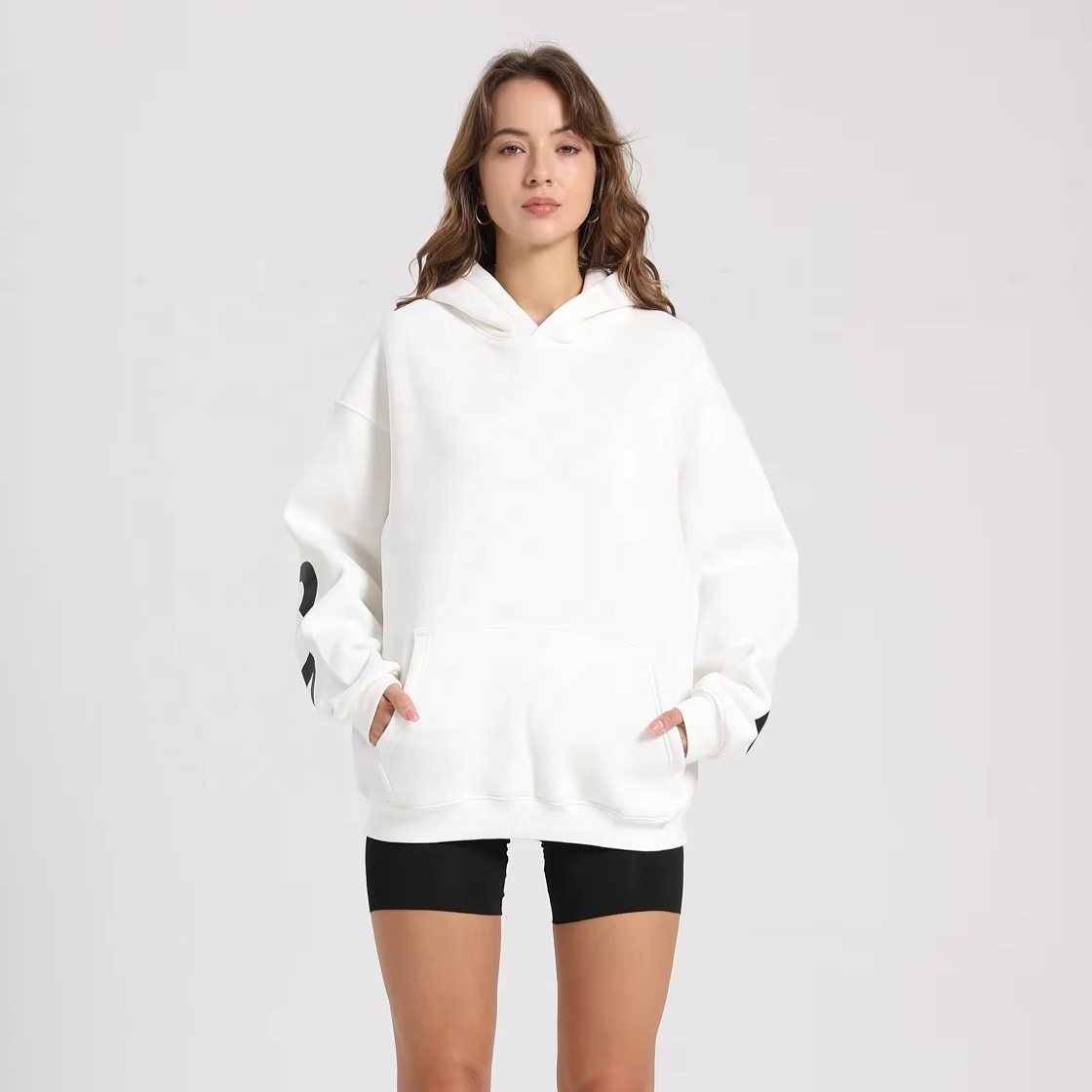 2024 Custom Women Big Letters Hoodies Screen Print Custom Logo Oversize Drop Shoulder Fleece Cotton Casual Hoodie No String