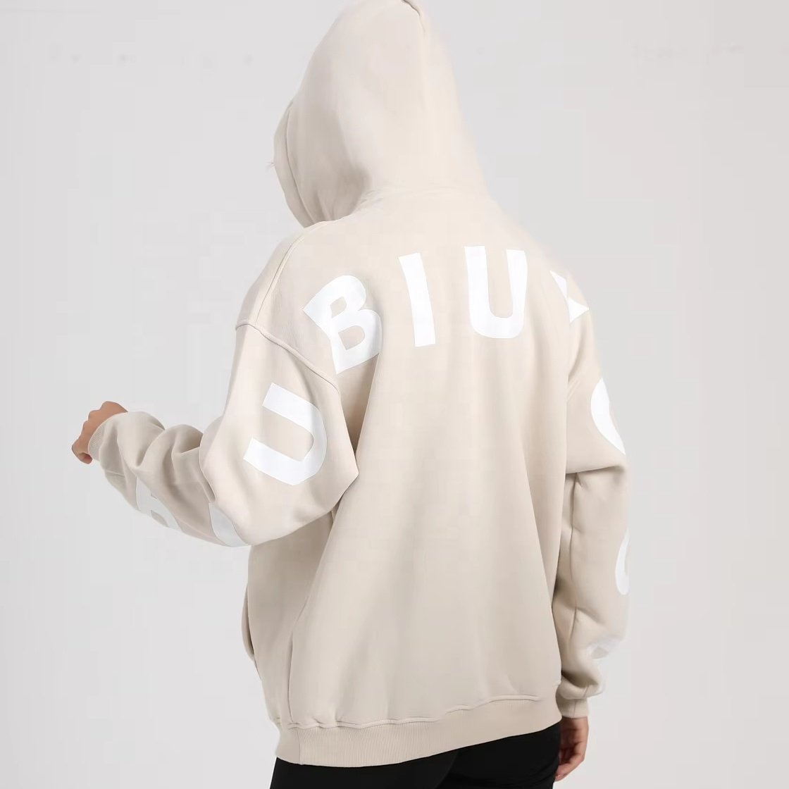 2024 Custom Women Big Letters Hoodies Screen Print Custom Logo Oversize Drop Shoulder Fleece Cotton Casual Hoodie No String