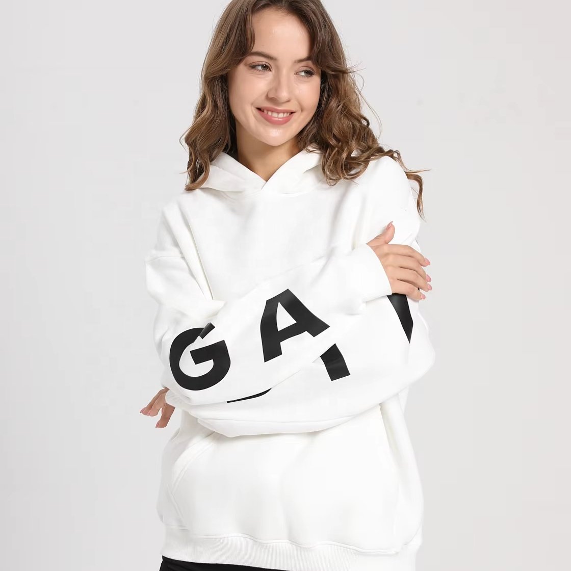 2024 Custom Women Big Letters Hoodies Screen Print Custom Logo Oversize Drop Shoulder Fleece Cotton Casual Hoodie No String