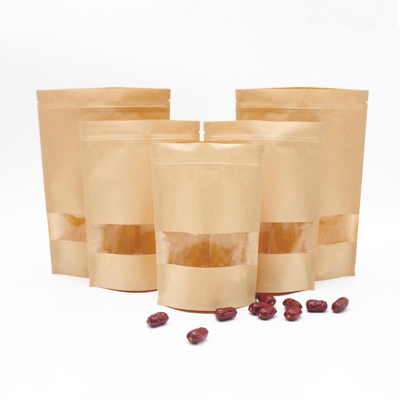 Doypack Biodegradable Packaging Bags Packing Laminated Stand Up Pouch Ziplock Zip Lock Print Custom Brown Window Kraft Paper Bag