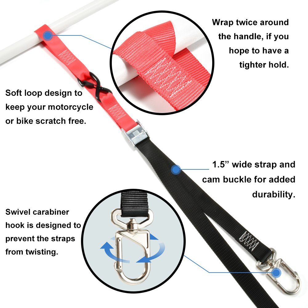 Well-made 38mm 2.4m Motorcycle Handlebar Cam Buckle Tie Downs Straps with Rotating Carabiner Hooks for Dirt Bike