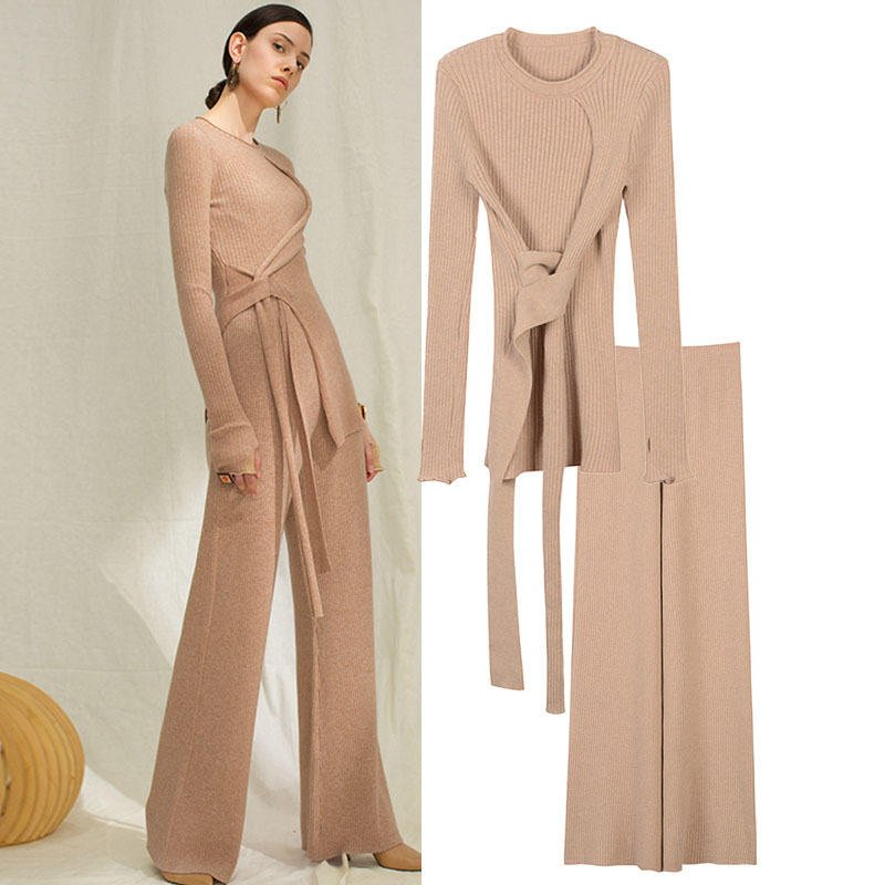 Custom Merino Wool Cashmere Knitted Knitwear Sweater 2 Two Piece Set Jumper Suit Kashmir Cashmere Knit Pant Sweater Set Women