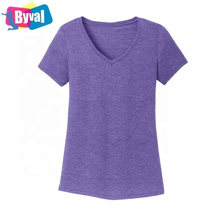 Byval Women's Tri-Blend Tshirt Custom Printed Logo Ladies V Neck 50%Polyester 25%Cotton 25%Rayon Short Sleeve Plain T-shirts