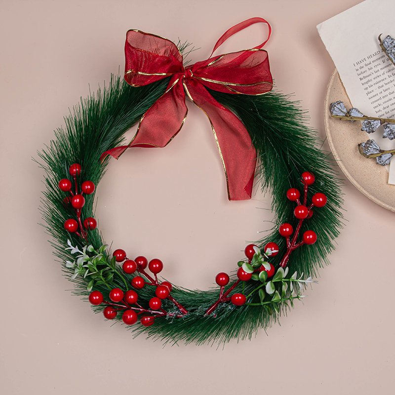 The front door is tied with a bow pine needle Christmas Garland Christmas decoration garland or Vine as Christmas