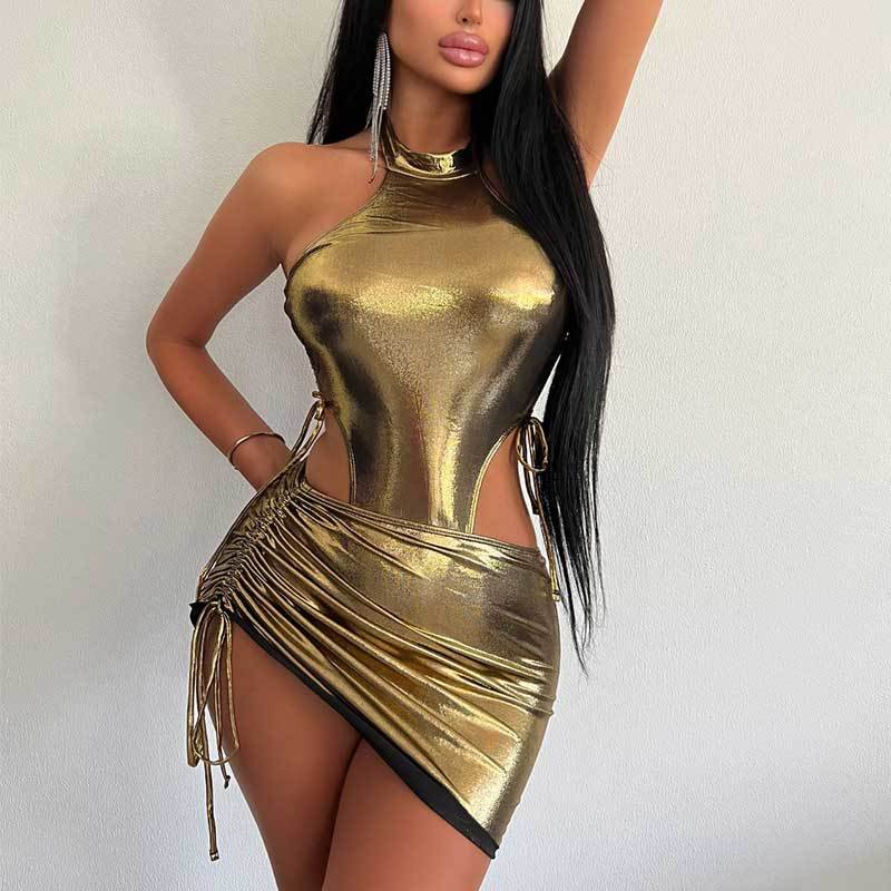 STOCK High Neck Metallic One Piece Swimwear Gold High Leg Swimsuit Two Pieces Beachwear Beach Skirt