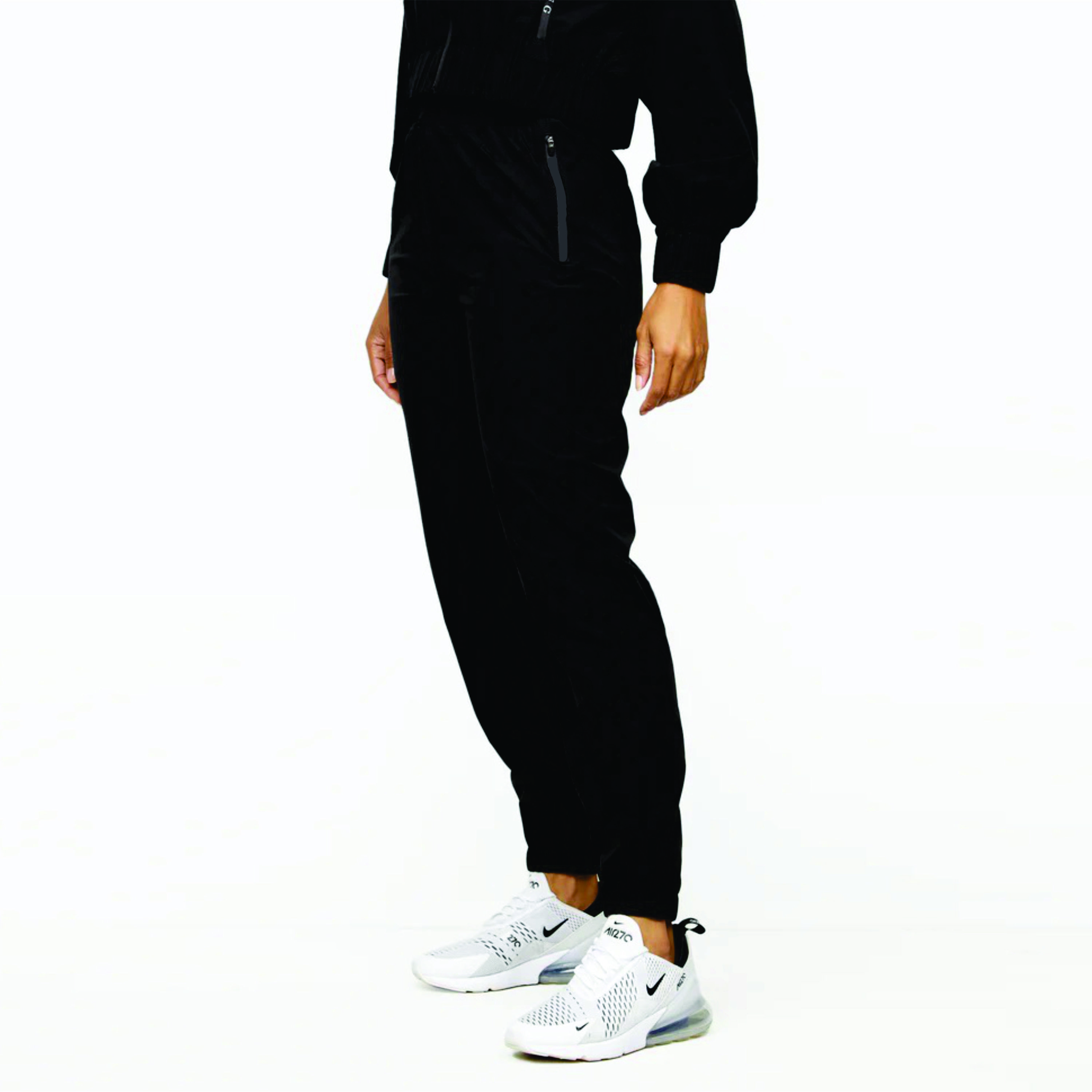 Women's Relaxed Fit Black Woven Cargo Top Trouser Tracksuit 85% Polyamide 15% Elastane Cotton Fleece Zipper Pattern Panelled