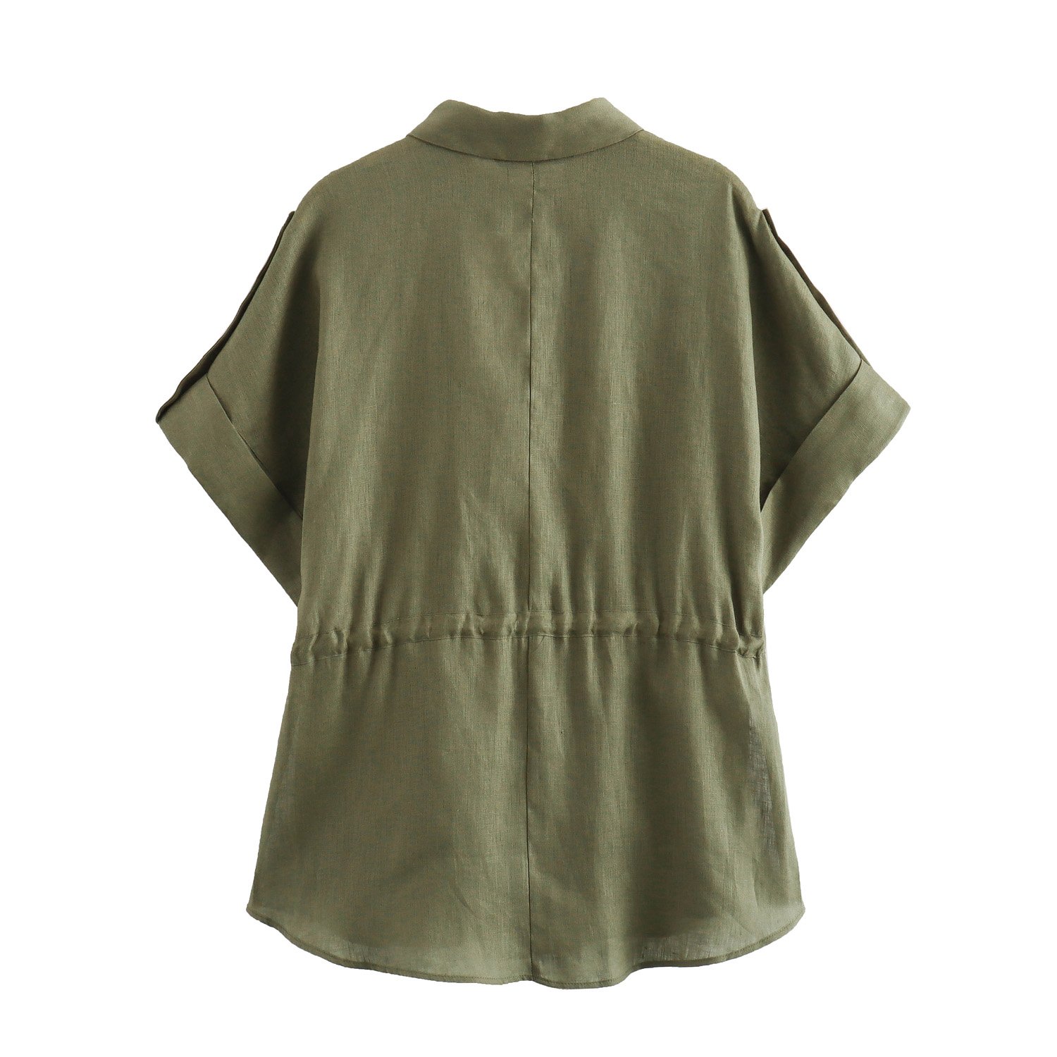 Retro short-sleeved stand-up collar linen shirt female tie waist blouse 2024 new summer thin T-shirt