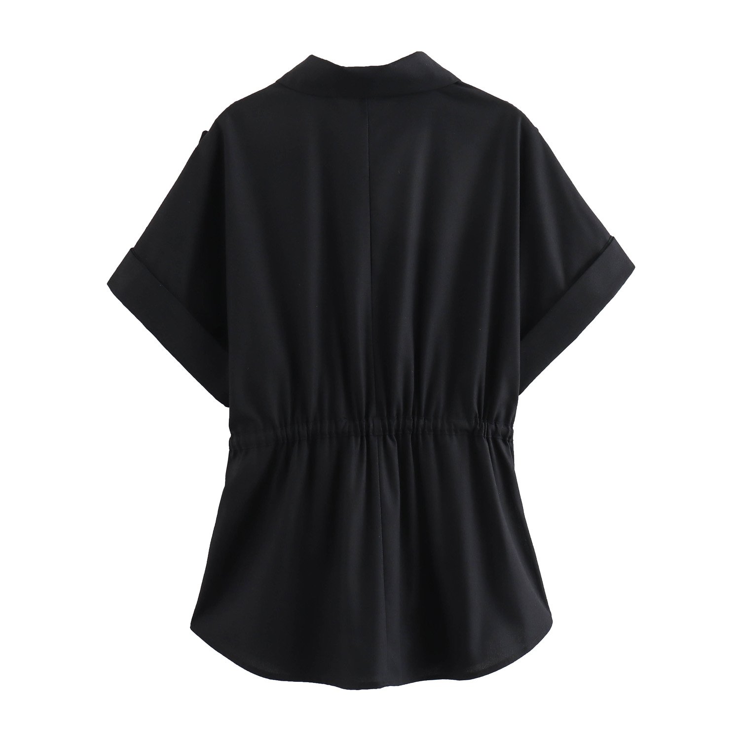 Retro short-sleeved stand-up collar linen shirt female tie waist blouse 2024 new summer thin T-shirt