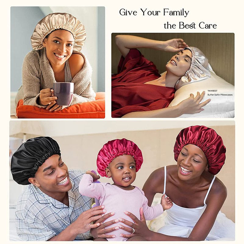 Custom logo large adjustable sleeping elastic tie silk band hat shower cap double ayer satin hair bonnet for women