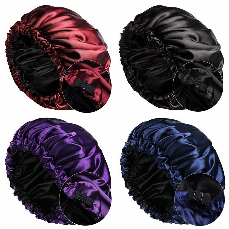 Custom logo large adjustable sleeping elastic tie silk band hat shower cap double ayer satin hair bonnet for women