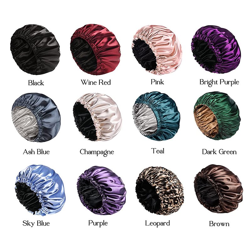 Custom logo large adjustable sleeping elastic tie silk band hat shower cap double ayer satin hair bonnet for women