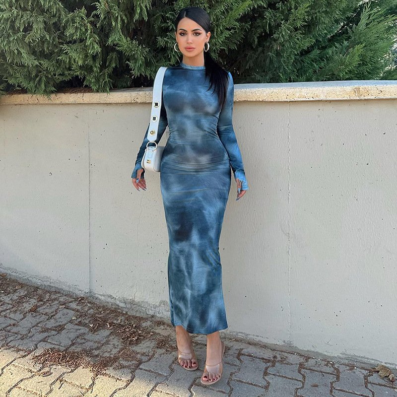 Women's Clothing 2024 Casual Dresses Women Lady Elegant Fashion Tie Dye Print Long Sleeve Slim Girl's Maxi Dress For Women