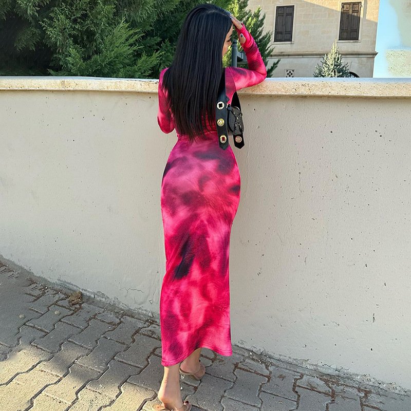 Women's Clothing 2024 Casual Dresses Women Lady Elegant Fashion Tie Dye Print Long Sleeve Slim Girl's Maxi Dress For Women