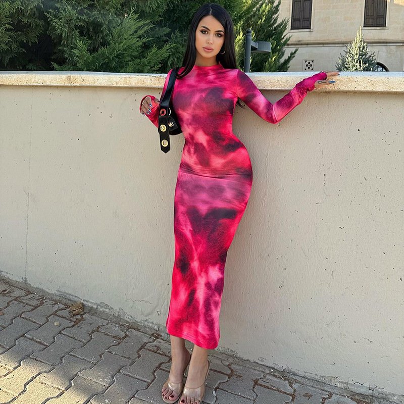 Women's Clothing 2024 Casual Dresses Women Lady Elegant Fashion Tie Dye Print Long Sleeve Slim Girl's Maxi Dress For Women