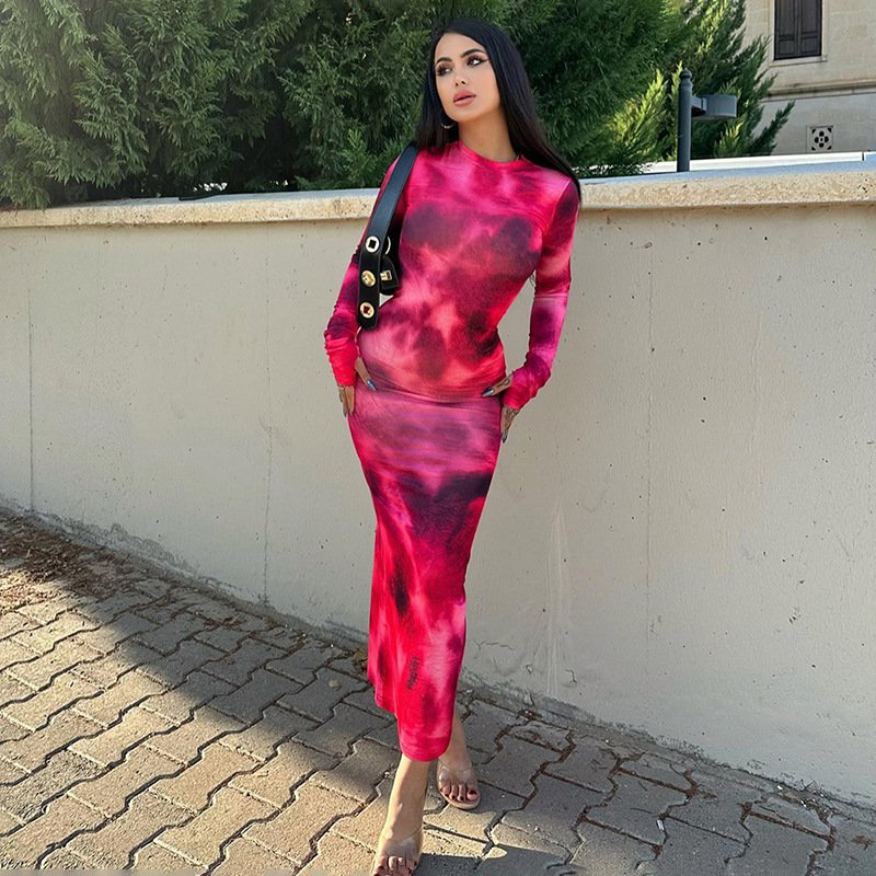 Women's Clothing 2024 Casual Dresses Women Lady Elegant Fashion Tie Dye Print Long Sleeve Slim Girl's Maxi Dress For Women
