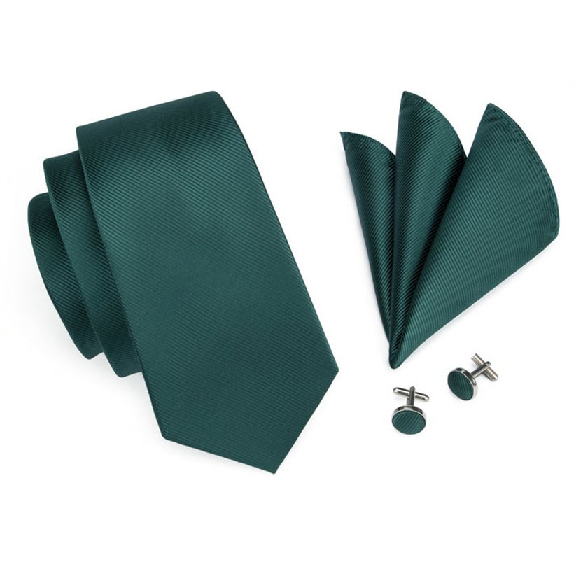 Wholesale Custom Design Dark Green Soild Tie Silk Fabric Striped Men's Tie Hanky Cufflinks Set for Men