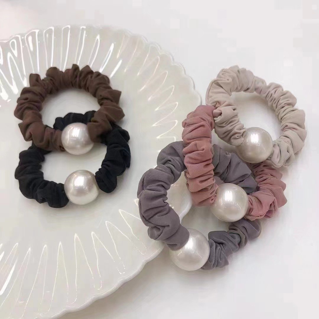 High Quality Satin Fabric Hair Scrunchies With 2cm Pearl Balls Beads Elastic Hair Bands For Women Girls Ponytail Hair Ties