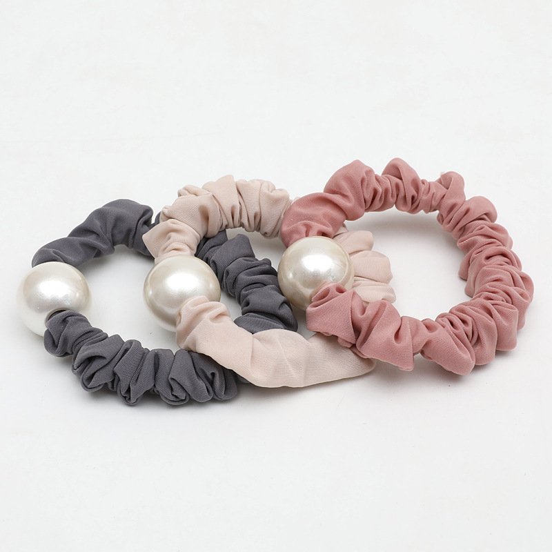 High Quality Satin Fabric Hair Scrunchies With 2cm Pearl Balls Beads Elastic Hair Bands For Women Girls Ponytail Hair Ties