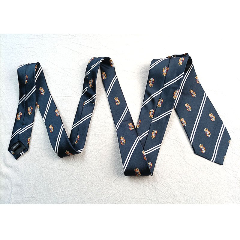 Customize Silk Necktie Navy Blue Tie White stripes Gold Red allover logo Silk Tie