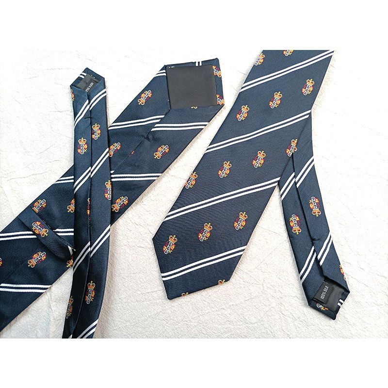 Customize Silk Necktie Navy Blue Tie White stripes Gold Red allover logo Silk Tie