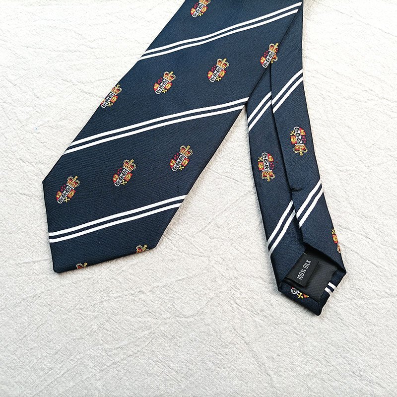 Customize Silk Necktie Navy Blue Tie White stripes Gold Red allover logo Silk Tie