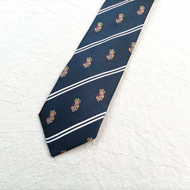 Customize Silk Necktie Navy Blue Tie White stripes Gold Red allover logo Silk Tie