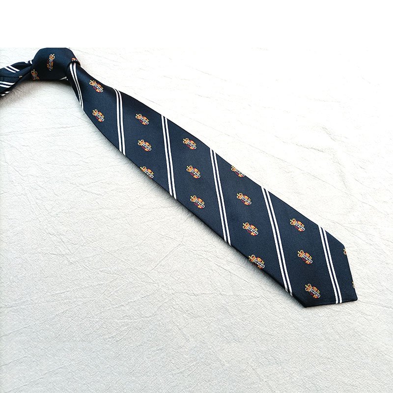 Customize Silk Necktie Navy Blue Tie White stripes Gold Red allover logo Silk Tie