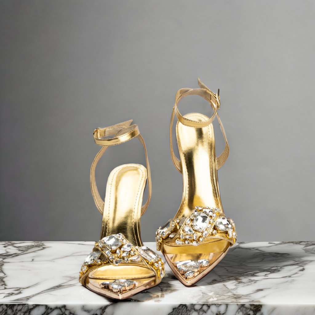 Diamond Pointed Toe Open Toe High Heel Sandals High Quality Footwear Manufacturer Women Metal Crystal Ankle Strap Sandals
