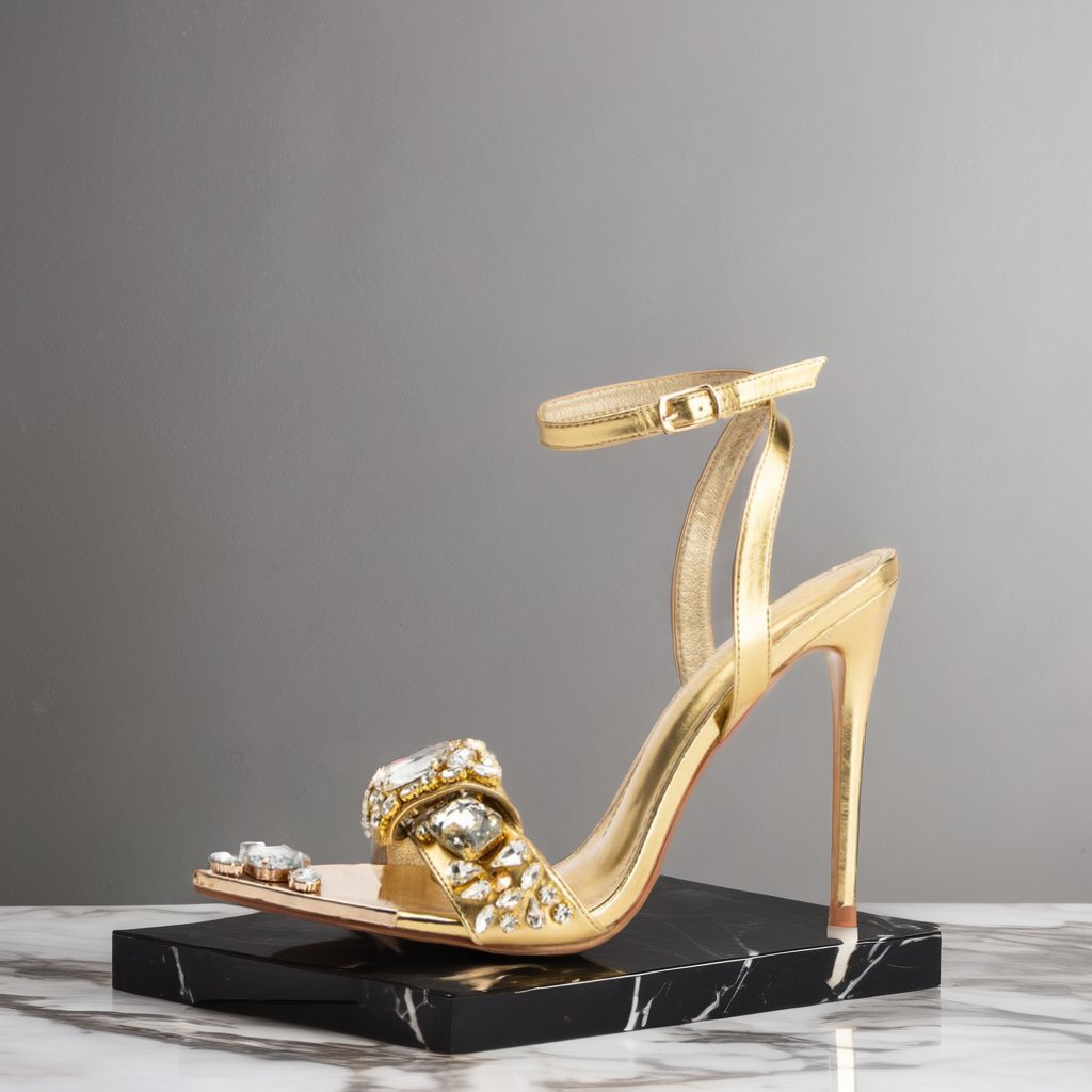 Diamond Pointed Toe Open Toe High Heel Sandals High Quality Footwear Manufacturer Women Metal Crystal Ankle Strap Sandals