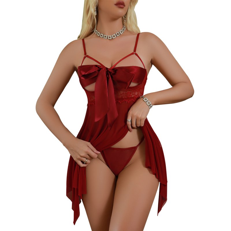 Light luxury sleepwear summer tie strap bow hollow chest gauze mesh irregular hem sling sleep dress home nightgown F4476