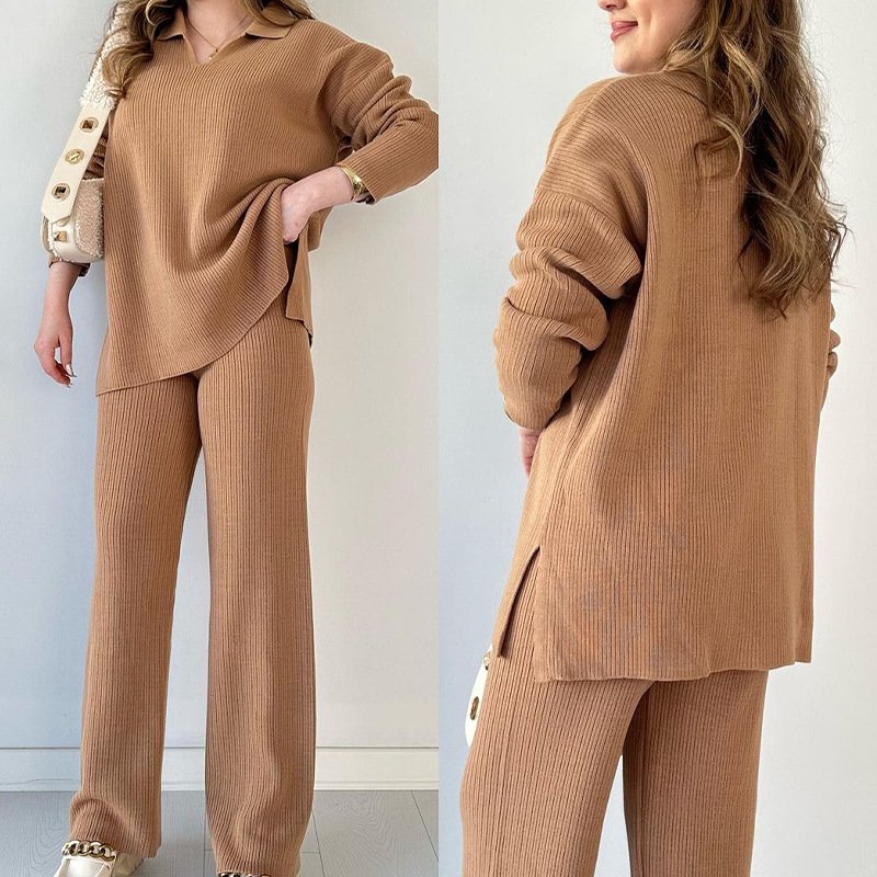 Women's Casual Plus Size Knitted Two-Piece Sweater Spring Autumn Fashion Solid Color Loose V-Neck Long-Sleeved Pullover Trousers