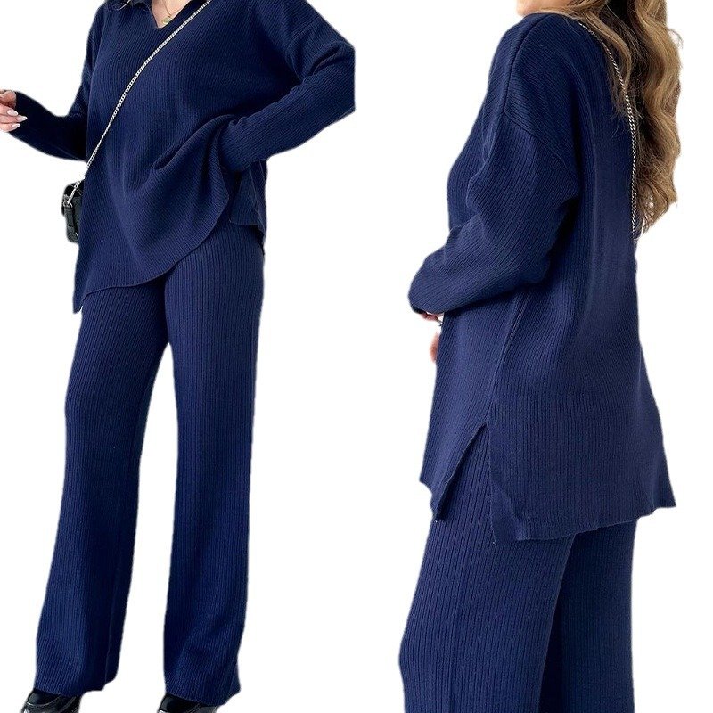 Women's Casual Plus Size Knitted Two-Piece Sweater Spring Autumn Fashion Solid Color Loose V-Neck Long-Sleeved Pullover Trousers